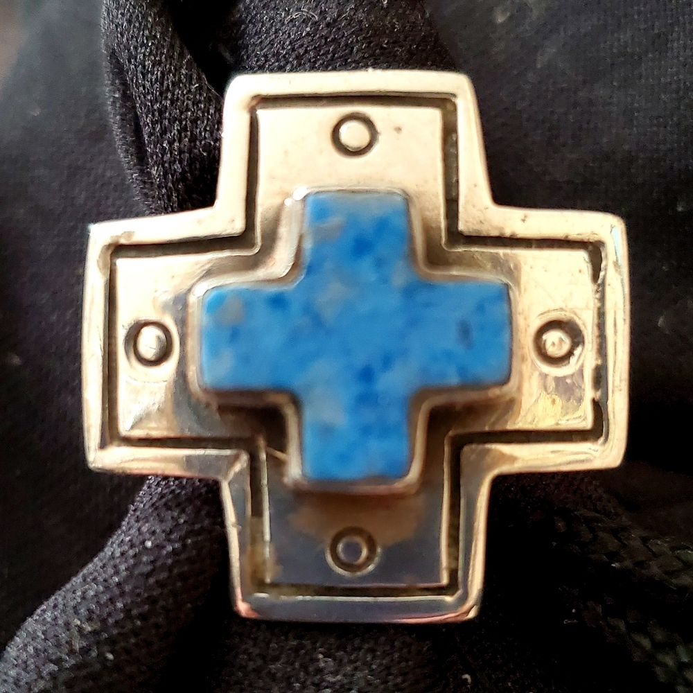 HANDCRAFTED ETCHED STERLING SILVER BLUE TURQUOISE CROSS RING SZ 5 ONE OF A KIND!